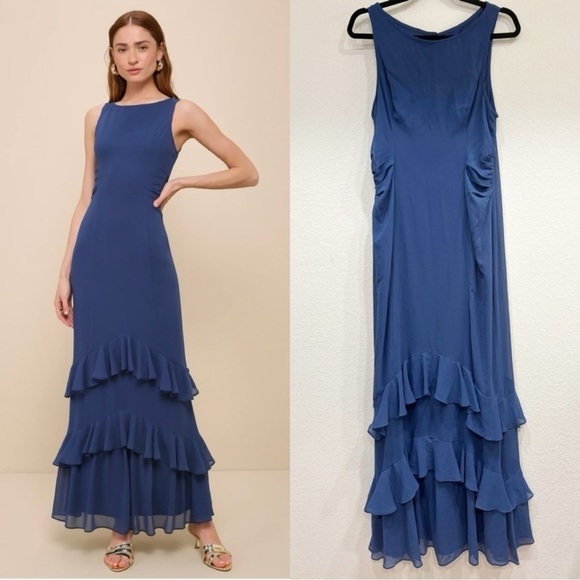 Lulus Dresses & Skirts - NWOT Lulus Lovely Arrival Dark Blue Chiffon Ruffled Tiered Maxi‎ Dress